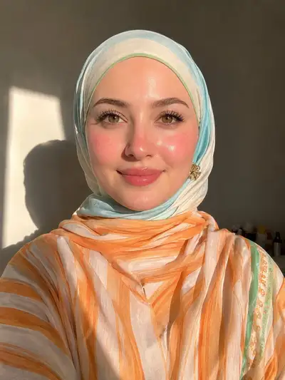 Ultra-realistic portrait of a woman in a pastel hijab