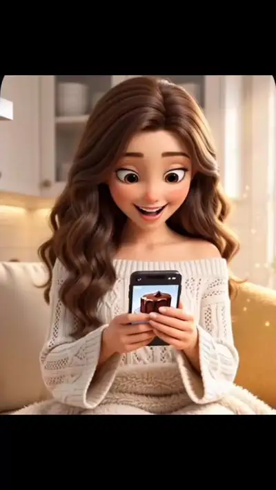 Prinzessin im Disney-Stil backt einen Schokoladenkuchen mit flüssigem Kern in einer gemütlichen 3D-Animation