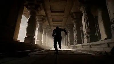 Videospiel-Zwischensequenz zur Flucht aus einem einstürzenden Tempel
