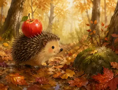 Hedgehog Carrying an Apple Through Autumn Forest
