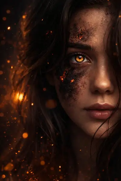 Fiery Cinematic Half-Face Portrait Prompt
