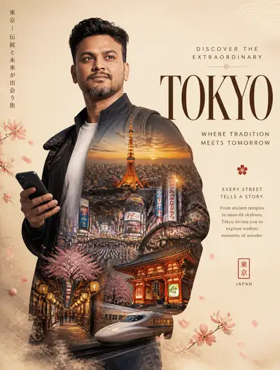 Tokyo Double-Exposure Travel Marketing Poster
