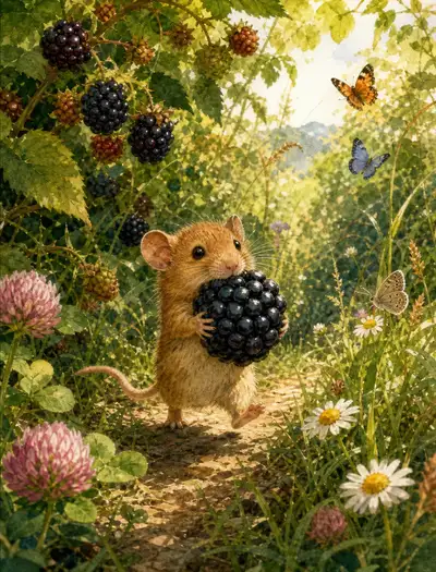 Dormouse with Blackberry Watercolor Scene