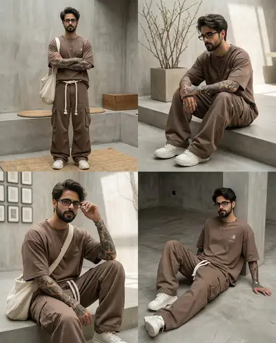 Four-panel earth-tone streetwear fashion collage