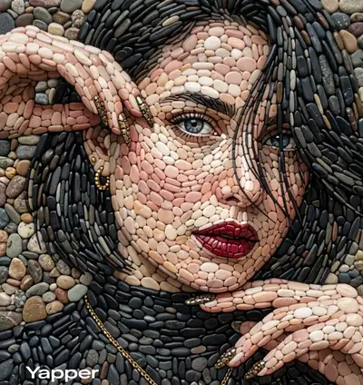 Pebble mosaic portrait of a woman built from river stones