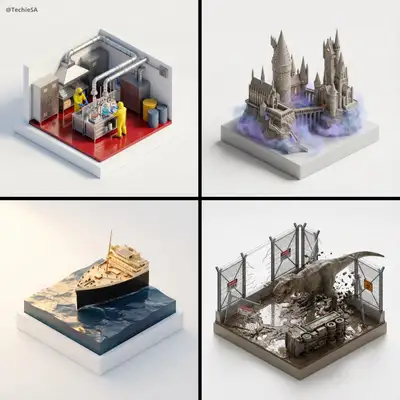 Palm-sized isometric movie-scene diorama render