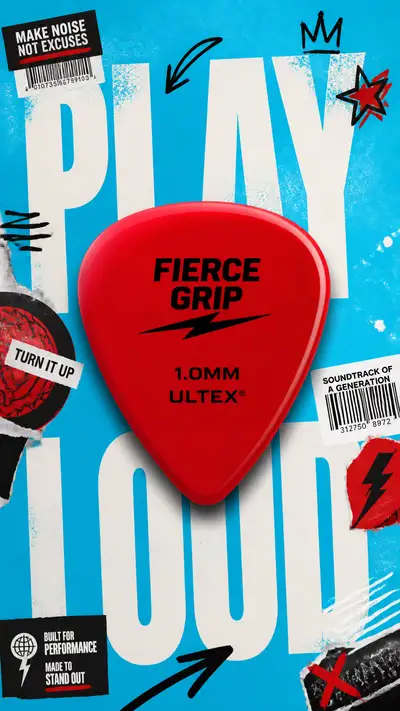 Music Accessories Advertising Poster Featuring a Giant Guitar Pick