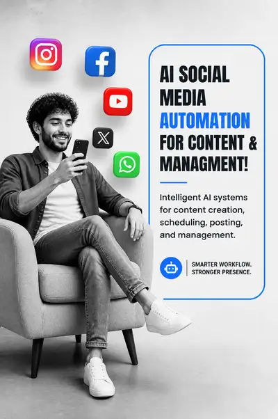 AI social media automation promotional infographic