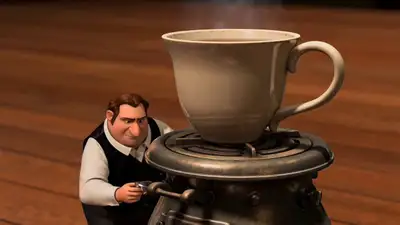Miniature tiny man cooking tea in an oversized mug with mechanical legs