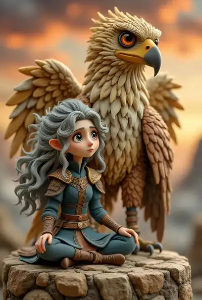 Anime Warrior Girl and Golden Eagle at Sunset