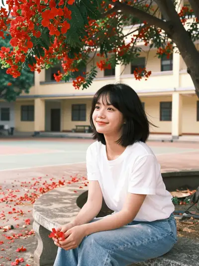 Nostalgic portrait under a flamboyant tree at a rural Vietnamese school