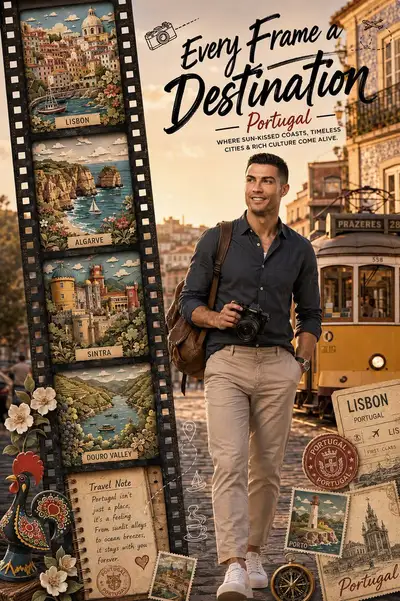 Premium Travel Poster with 3D Character and Papercut Film Strip