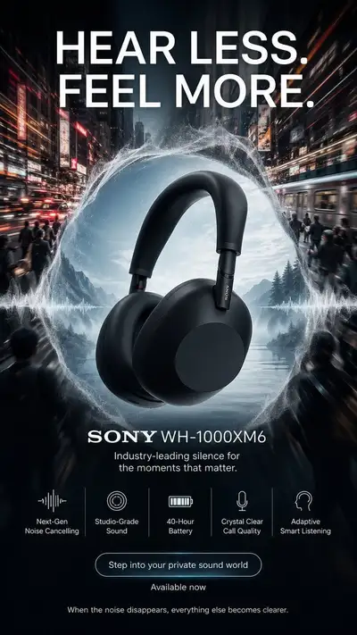 Sony WH-1000XM6 silence-in-chaos advertising poster