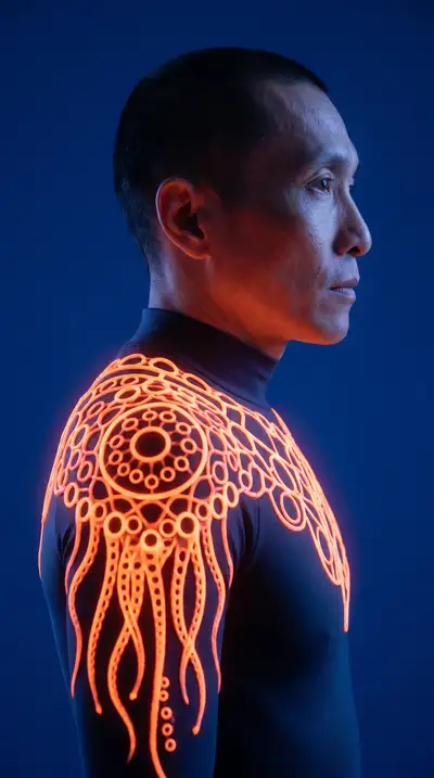 Bioluminescent neon lattice bodysuit portrait