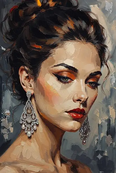 Peinture à l'huile texturée d'une femme élégante avec des boucles d'oreilles en lustre
