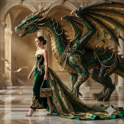 Luxury Editorial Fashion Portrait with Dragon