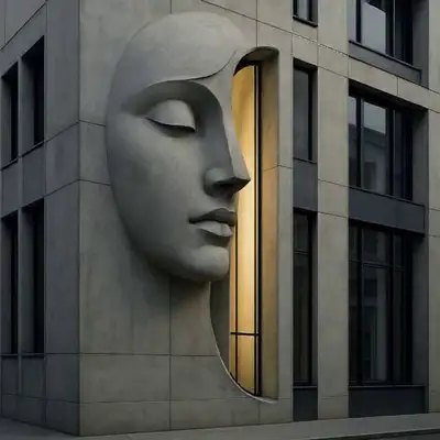 Modern concrete building with sculpted woman's face relief
