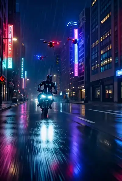Neon Cyberpunk Biker Chase Slow-Motion Scene
