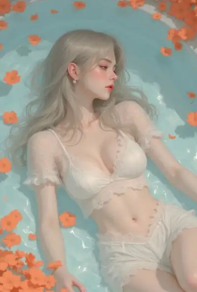 Sereine silhouette en dentelle dans l'eau avec des pétales d'orange
