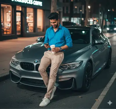 Draufsicht auf einen Geschäftsmann, der an der Motorhaube eines BMW M4 lehnt