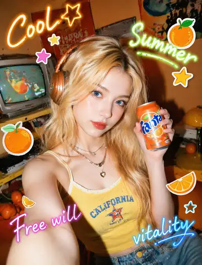 Y2K pop selfie with soda can and flash photography (Chinese prompt)