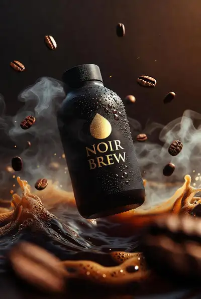 Premium coffee bottle product shot with swirling espresso waves