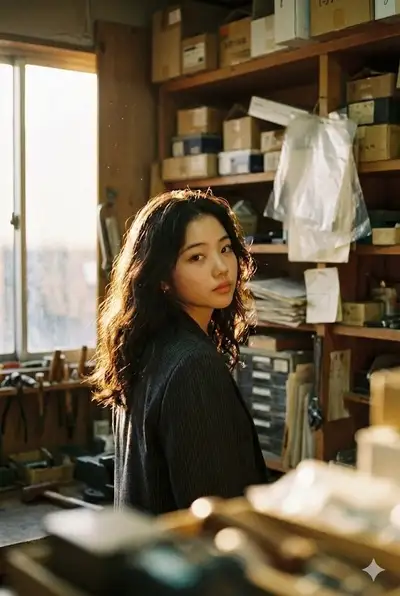Backlit portrait of a woman glancing back in a cluttered workshop