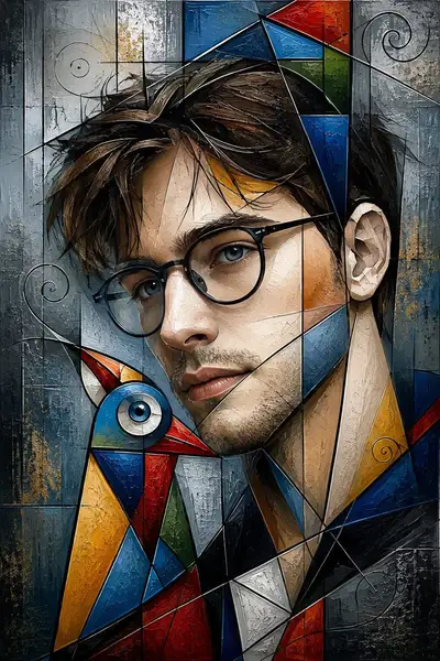 Ultra-Realistic Cubist Portrait with Geometric Bird