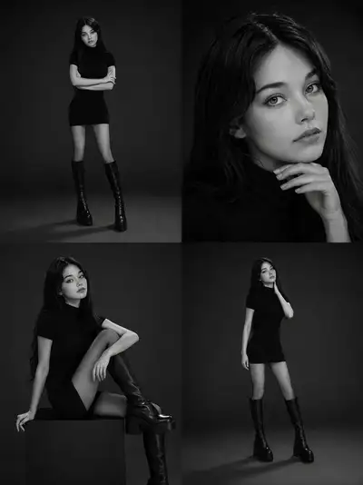 Monochrome Fashion-Editorial-2x2-Collage aus einem Referenzfoto