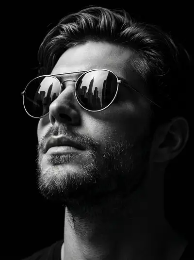 Dramatic Black and White Portrait with Reflective Sunglasses
