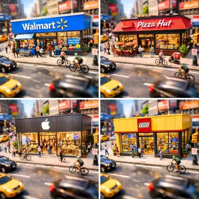 Aerial dolly-in shot of a miniature brand store
