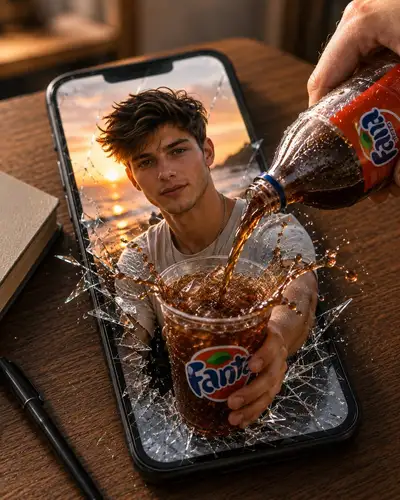 Foto de produto surreal em 8K de uma pessoa emergindo de uma tela de celular rachada