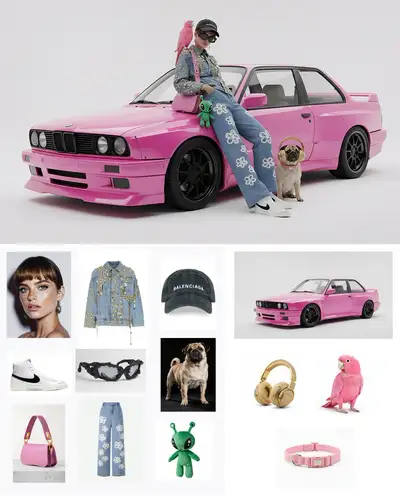 Multi-Element Model Collage with Pink BMW
