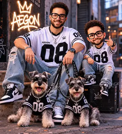 Ultra-Realistic Street Fashion Portrait with Chibi and Dogs