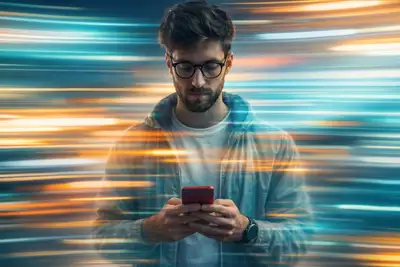 Motion-blur light streaks layered over a man looking at his phone