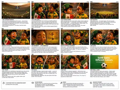 Pixar-style 12-panel storyboard: Same Game. Different Colours.