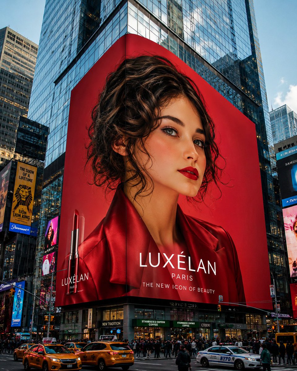 Times Square mega-billboard luxury beauty campaign prompt