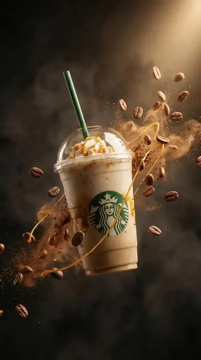 Caramel frappuccino floating mid-air with coffee bean explosion
