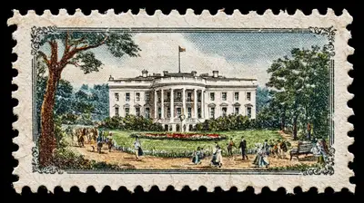 Vintage pastel postage stamp of an iconic monument with people