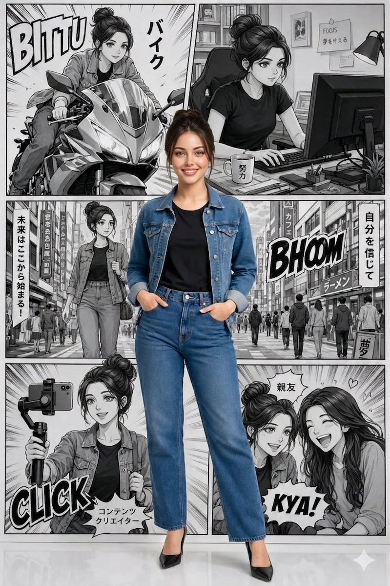 Pop art manga composition with photorealistic center figure