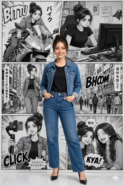 Pop-Art-Manga-Komposition mit fotorealistischer zentraler Figur