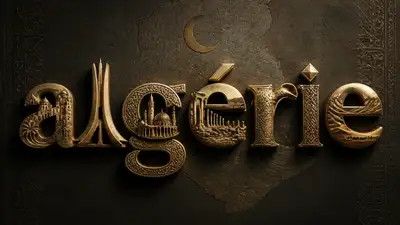 3D metallic typography spelling ALGERIE with cultural icon letters