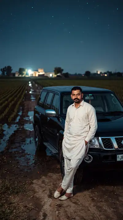 Retrato noturno cinematográfico ao lado de um jipe Nissan em uma fazenda