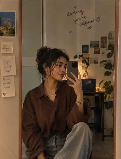 Selfie miroir cosy avec notes motivantes manuscrites