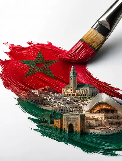 Paintbrush stroke forming Morocco's flag and skyline