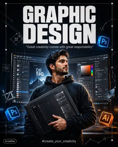 Cinematic Graphic Design Poster with Typography and 3D Icons