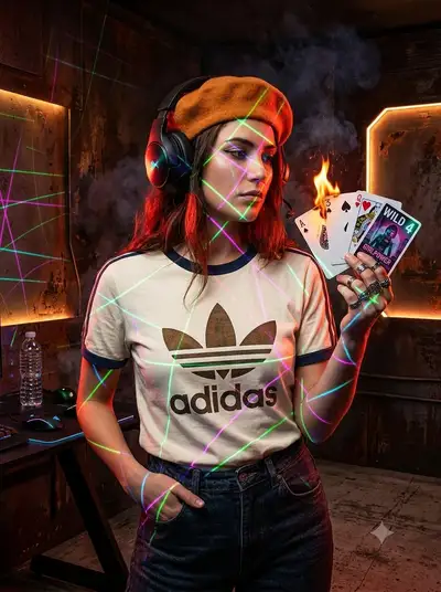 Neon gaming-room portrait with laser grid and burning cards (Gemini Nano Banana Pro)