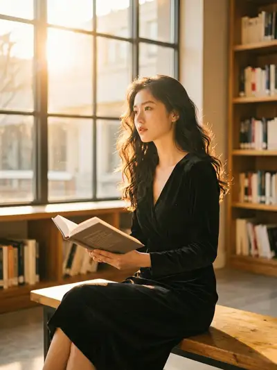 Golden hour library portrait JSON prompt