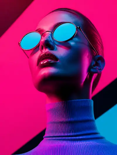 High fashion portrait with magenta and cyan chiaroscuro lighting