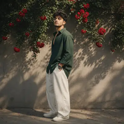 Filmisches Editorial-Porträt eines Mannes zwischen roten Rosen